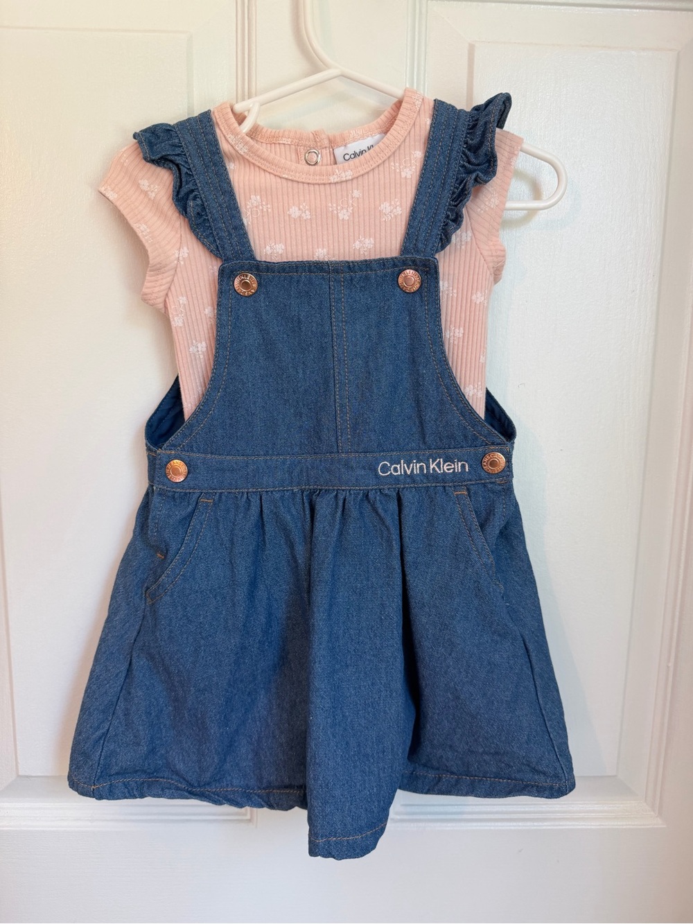 Calvin Klein Blue Denim Pinafore with Pink Floral Bodysuit 18M